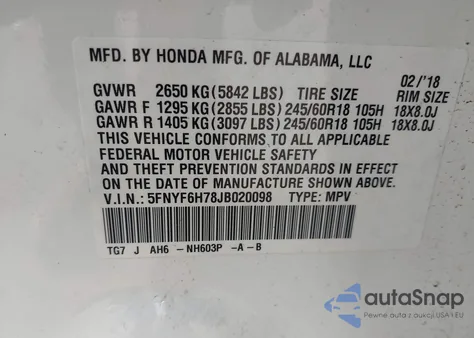 2018 Honda Pilot Ex-L из США, поврежденный, VIN 5FNYF6H78JB020098